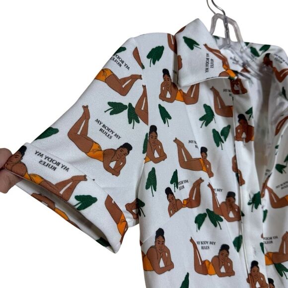 SHEIN Short Sleeve White Flare Jumpsuit Size XS My Body My Rules Buton Up - Picture 10 of 12